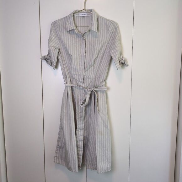 CALVIN KLEIN WOMEN'S 2 GRAY WHITE STRIPE FIT FLARE BUTTON DOWN DRESS - Picture 2 of 7